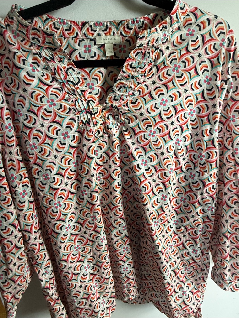 Talbots Pink, Orange & Teal Geometric V-Neck Blouse